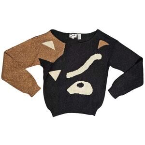 Vtg Duet Abstract Knit Top 80s Black Brown Colorblock Womens L Pullover Sweater